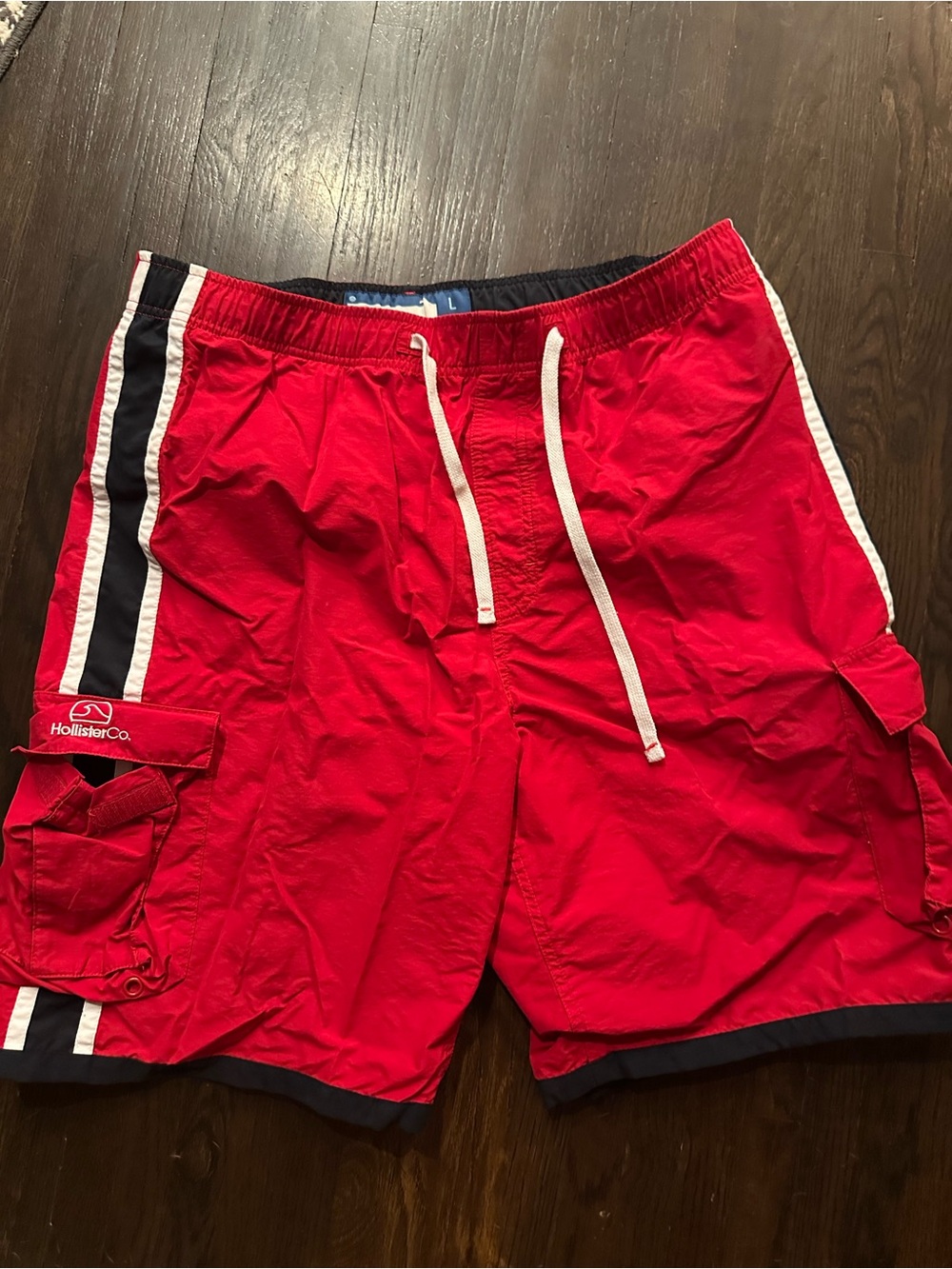 Hollister Red Swim Shorts with Navy & White Stripe Detail